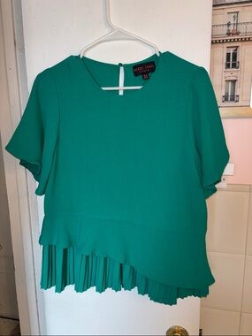 Black Label Teal Pleated Asymmetrical Short Sleeve Top